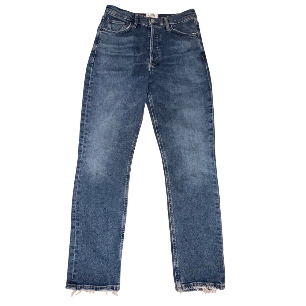 Agolde Riley Long High Rise Straight Leg Jeans Raw Hem Casual 26 Blue Indigo